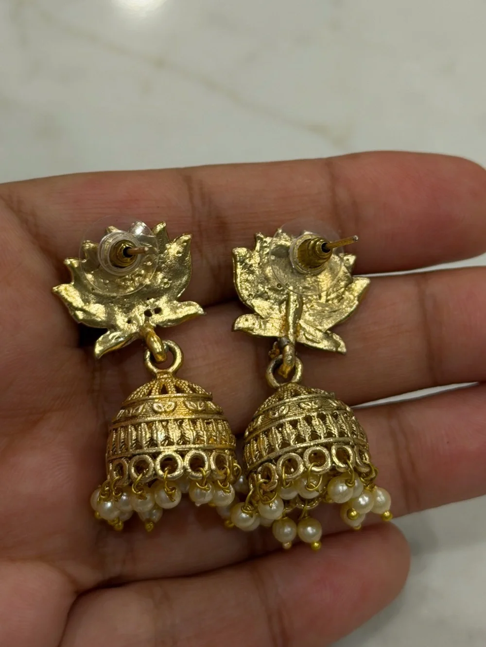 Red Lotus Jhumka Earrings | Pearl Drop Indian Ethnic Gold Tone Festival Jewelry